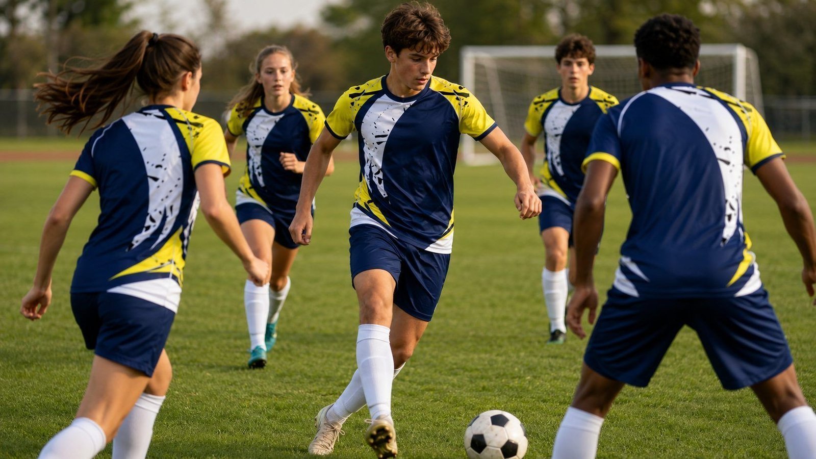 Soccer team in custom navy and yellow kits